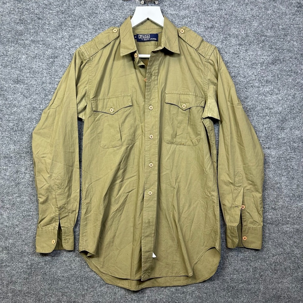 Vintage Polo Ralph Lauren Safari Shirt Mens Olive Green Epaulets Flap - Small